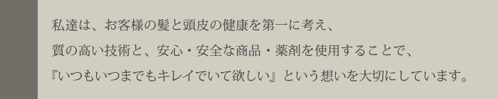 私達は、お客様の髪と頭皮の健康を第一に考え、質の高い技術と、安心・安全な商品・薬剤を使用することで、 『いつもいつまでもキレイでいて欲しい』という想いを大切にしています。